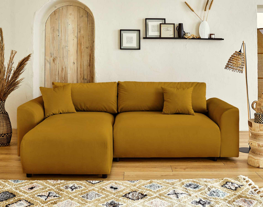 Canapé d'angle réversible convertible avec coffre et poches 4 places en velours Camélia