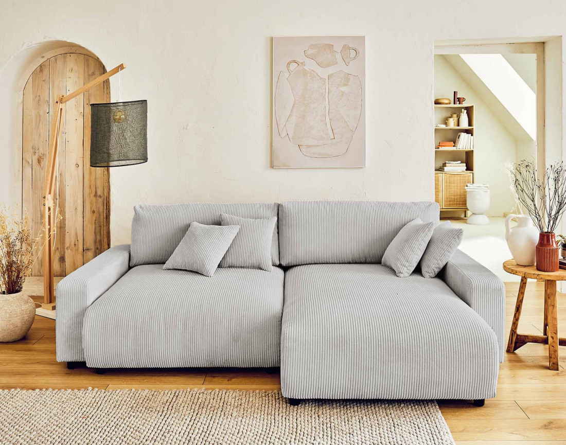 Canapé d'angle réversible convertible avec coffre 4 places en velours côtelé Pivoine