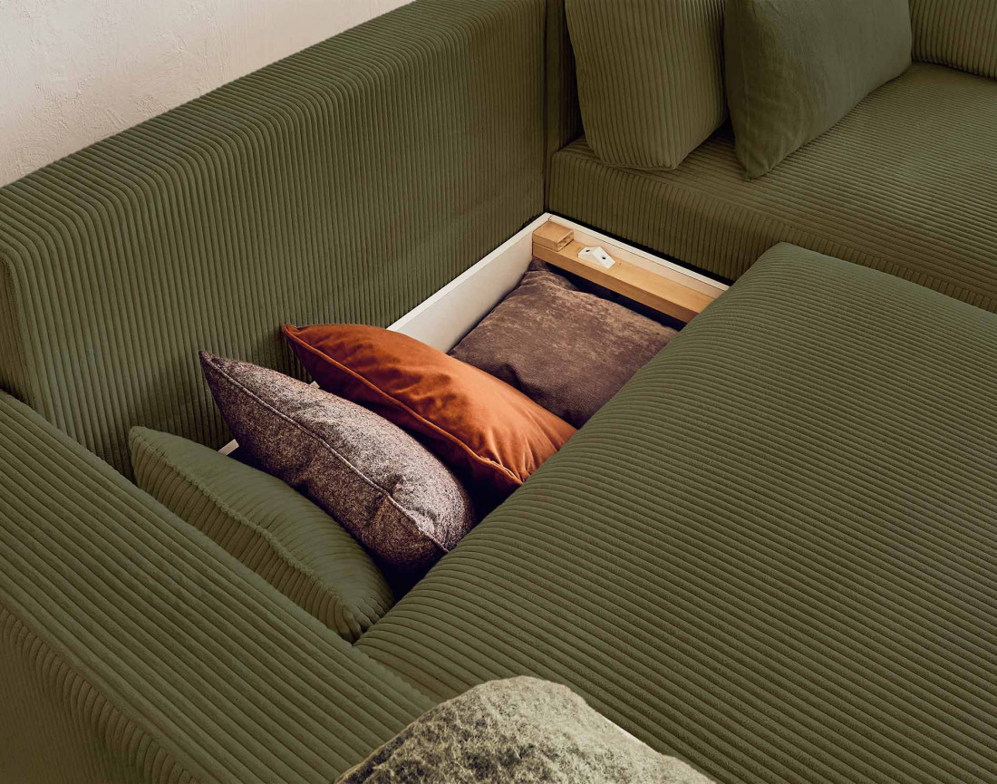 Canapé d'angle réversible convertible avec coffre 4 places en velours côtelé Pivoine