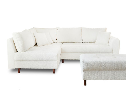 Canapé d'angle gauche 4 places avec pouf d'appoint en tissu bouclette Rune