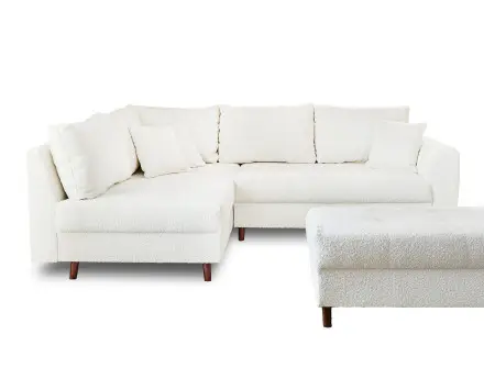 Canapé d'angle gauche 4 places avec pouf d'appoint en tissu bouclette Rune
