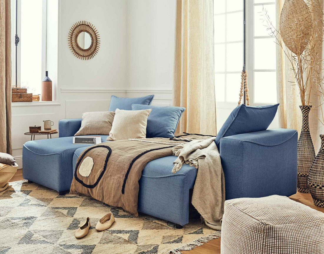 Canapé d'angle réversible convertible avec coffre 4 places en tissu Capucine