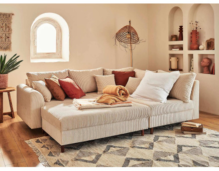 Canapé d'angle droit - 4 places - avec pouf d'appoint - en velours côtelé - Rune