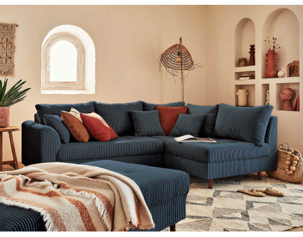 Canapé d'angle droit - 4 places - avec pouf d'appoint - en velours côtelé - Rune