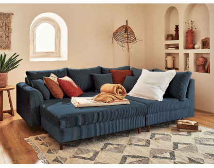 Canapé d'angle droit - 4 places - avec pouf d'appoint - en velours côtelé - Rune