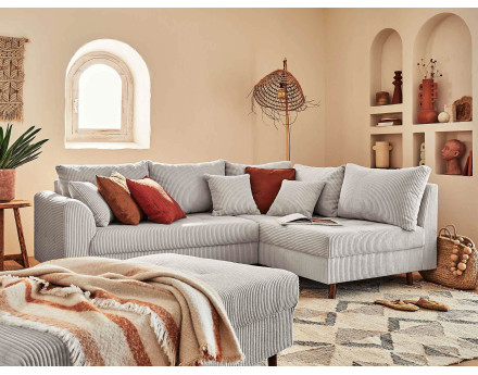 Canapé d'angle droit - 4 places - avec pouf d'appoint - en velours côtelé - Rune