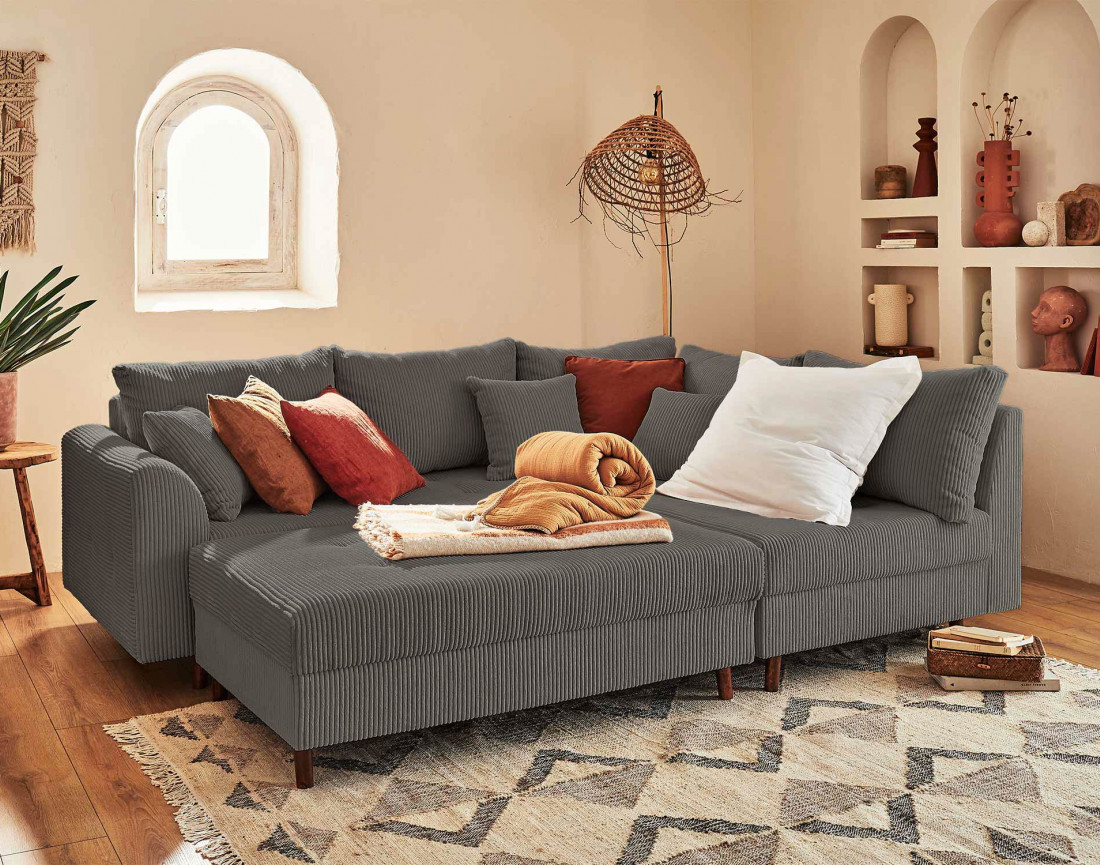 Canapé d'angle droit - 4 places - avec pouf d'appoint - en velours côtelé - Rune