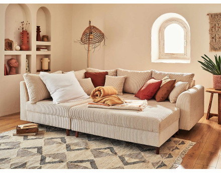 Canapé d'angle gauche - 4 places - avec pouf d'appoint - en velours côtelé - Rune