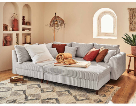 Canapé d'angle gauche - 4 places - avec pouf d'appoint - en velours côtelé - Rune