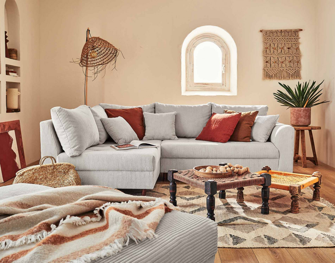 Canapé d'angle gauche - 4 places - avec pouf d'appoint - en velours côtelé - Rune