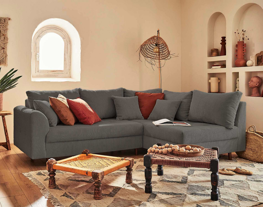 Canapé d'angle droit - 4 places - en velours côtelé - Rune