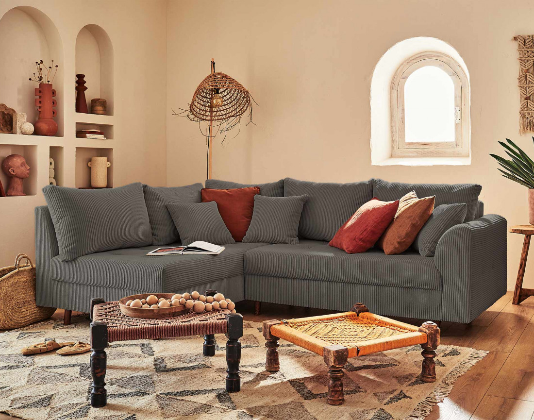 Canapé d'angle gauche - 4 places - en velours côtelé - Rune