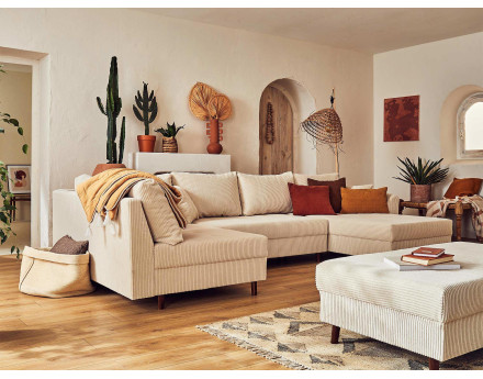 Canapé panoramique d'angle gauche 7 places avec pouf d'appoint - en velours côtelé - Rune