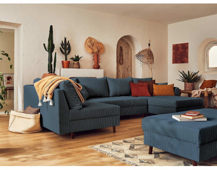 Canapé panoramique d'angle gauche 7 places avec pouf d'appoint - en velours côtelé - Rune