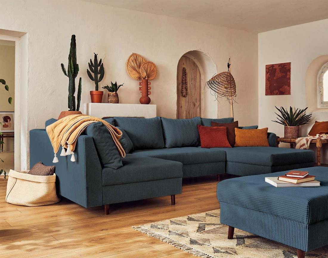 Canapé panoramique d'angle gauche 7 places avec pouf d'appoint - en velours côtelé - Rune