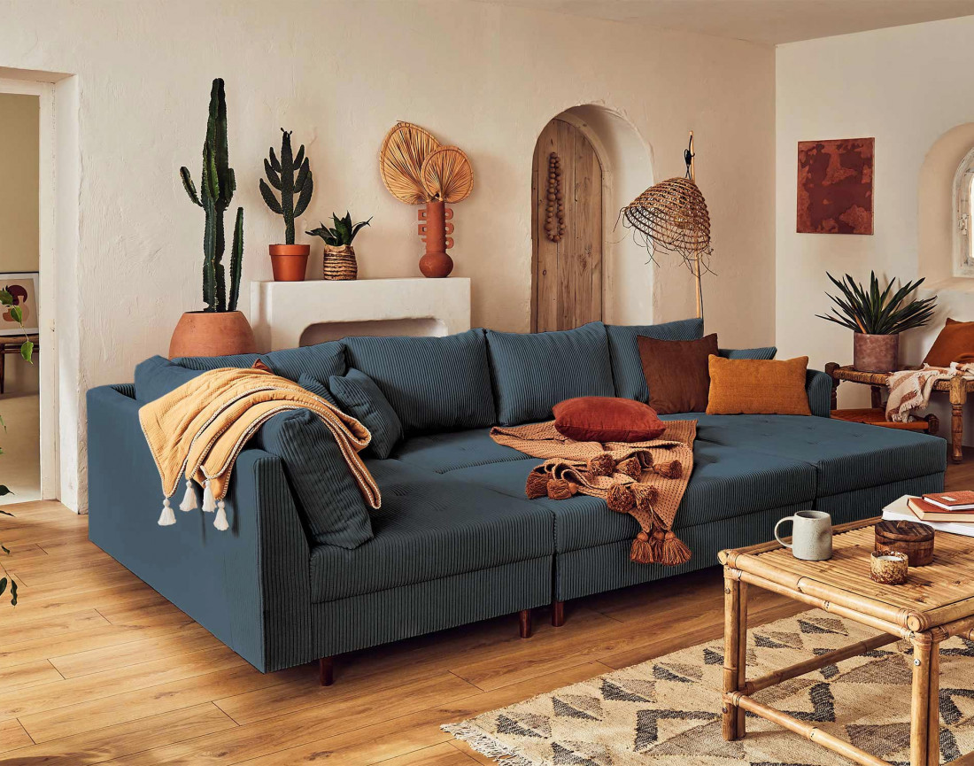 Canapé panoramique d'angle gauche 7 places avec pouf d'appoint - en velours côtelé - Rune