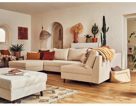 Canapé panoramique d'angle droit 7 places - avec pouf d'appoint - en velours côtelé - Rune