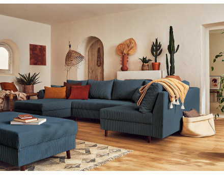 Canapé panoramique d'angle droit 7 places - avec pouf d'appoint - en velours côtelé - Rune