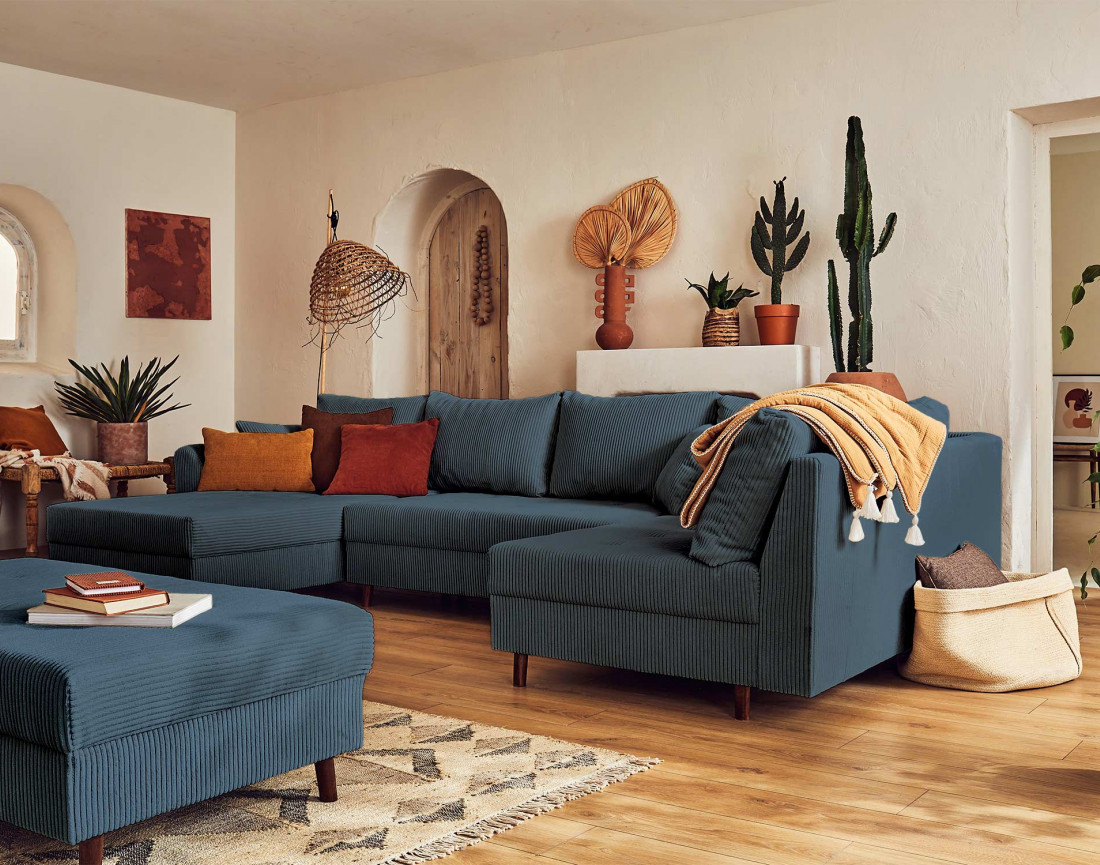 Canapé panoramique d'angle droit 7 places - avec pouf d'appoint - en velours côtelé - Rune