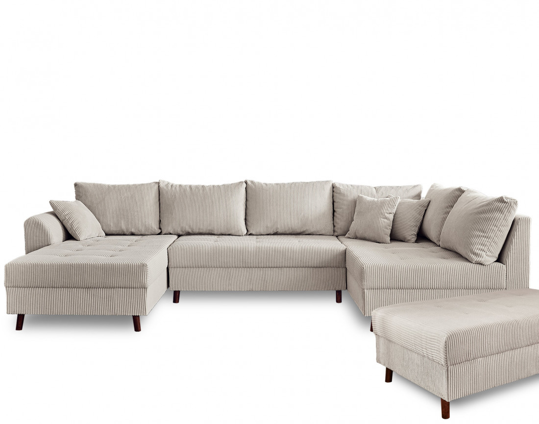 Canapé panoramique d'angle droit 7 places - avec pouf d'appoint - en velours côtelé - Rune