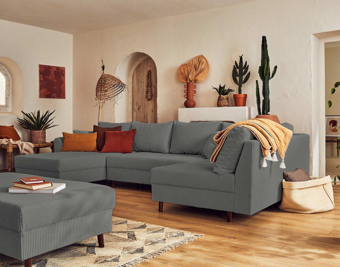 Canapé panoramique d'angle droit 7 places - avec pouf d'appoint - en velours côtelé - Rune