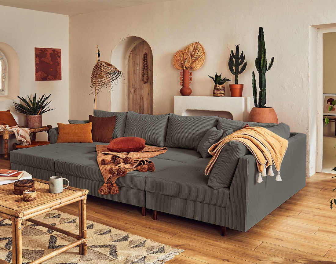 Canapé panoramique d'angle droit 7 places - avec pouf d'appoint - en velours côtelé - Rune