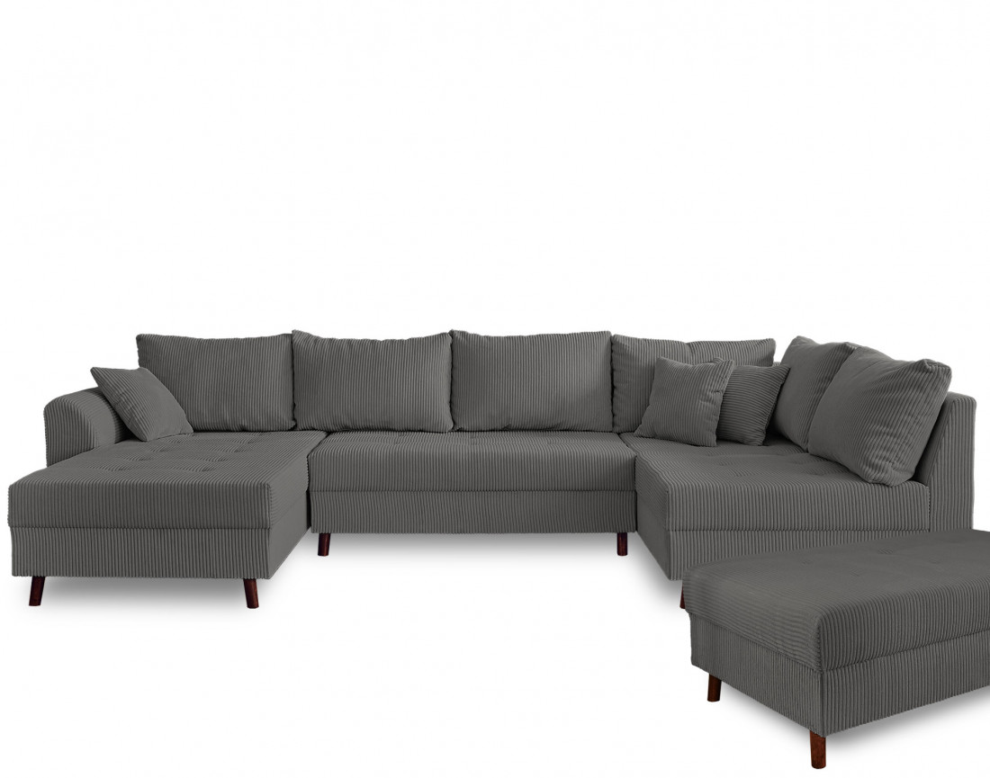 Canapé panoramique d'angle droit 7 places - avec pouf d'appoint - en velours côtelé - Rune