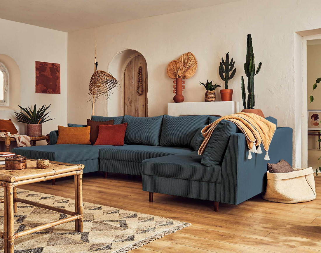 Canapé panoramique d'angle droit 7 places - en velours côtelé - Rune