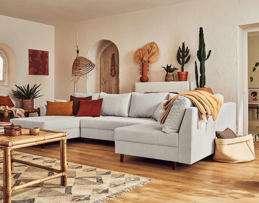 Canapé panoramique d'angle droit 7 places - en velours côtelé - Rune