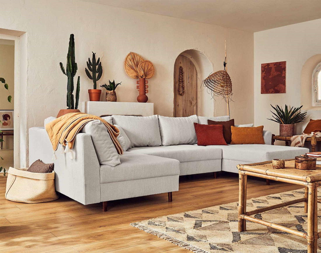 Canapé panoramique d'angle gauche 7 places - en velours côtelé - Rune