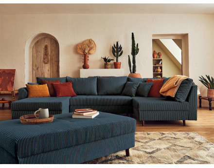 Canapé panoramique d'angle droit 7 places - avec pouf d'appoint - en velours côtelé - Rune