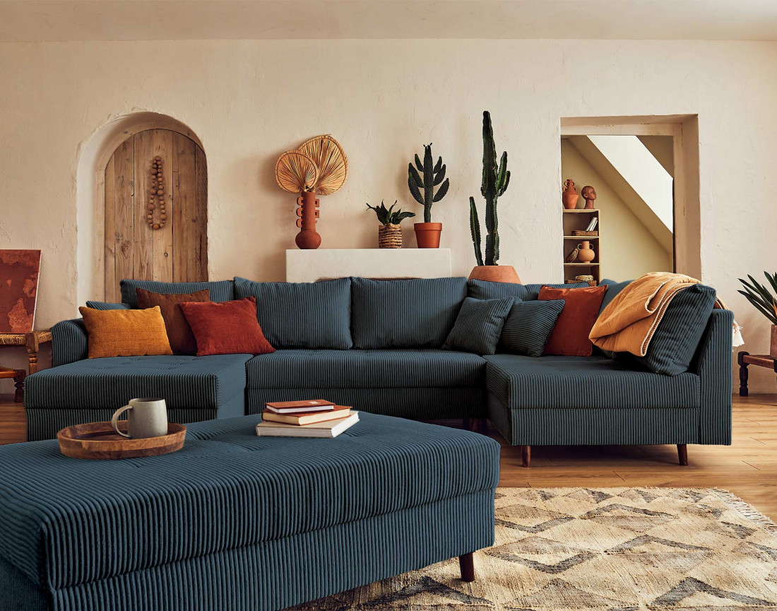 Canapé panoramique d'angle droit 7 places - avec pouf d'appoint - en velours côtelé - Rune