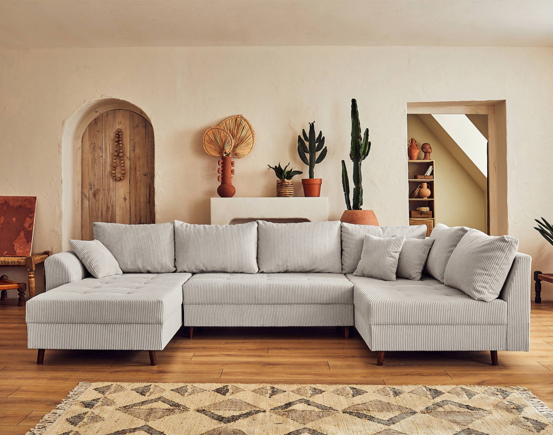 Canapé panoramique d'angle droit 7 places - avec pouf d'appoint - en velours côtelé - Rune