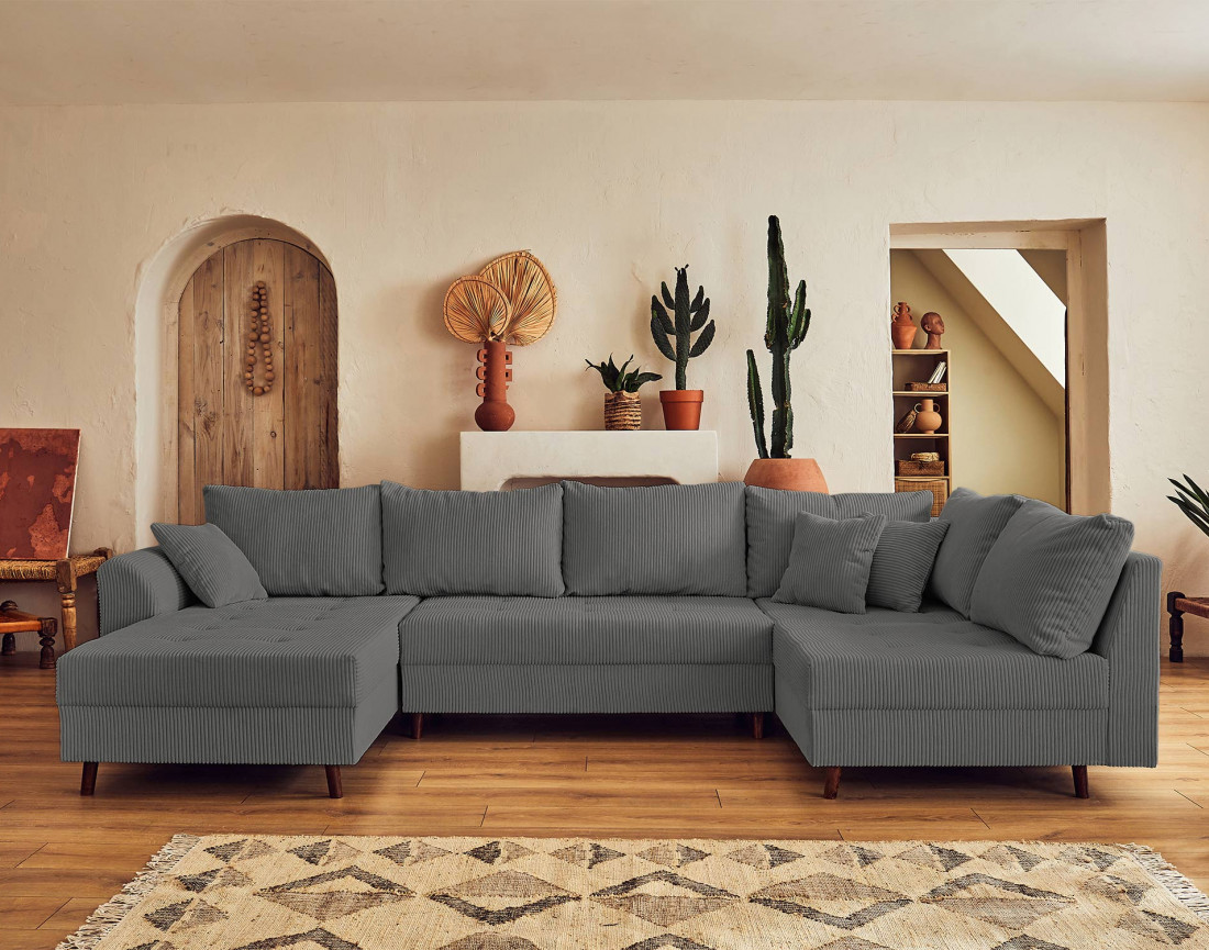 Canapé panoramique d'angle droit 7 places - avec pouf d'appoint - en velours côtelé - Rune