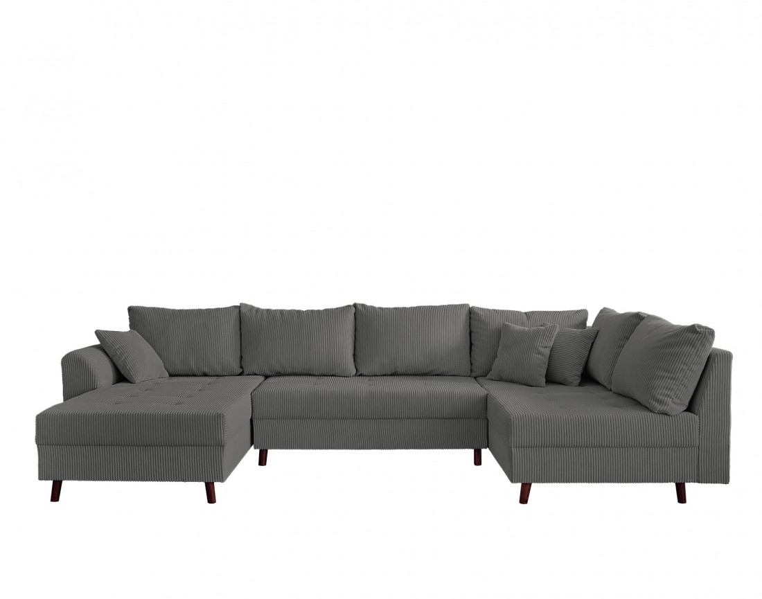 Canapé panoramique d'angle droit 7 places - avec pouf d'appoint - en velours côtelé - Rune