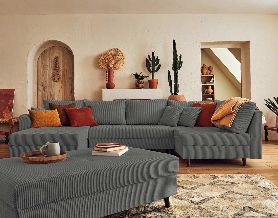 Canapé panoramique d'angle droit 7 places - avec pouf d'appoint - en velours côtelé - Rune