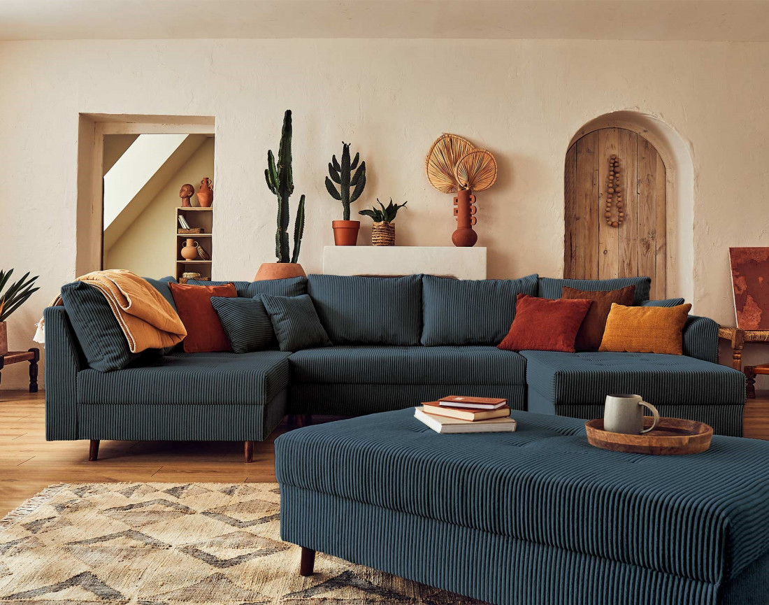 Canapé panoramique d'angle gauche 7 places avec pouf d'appoint - en velours côtelé - Rune