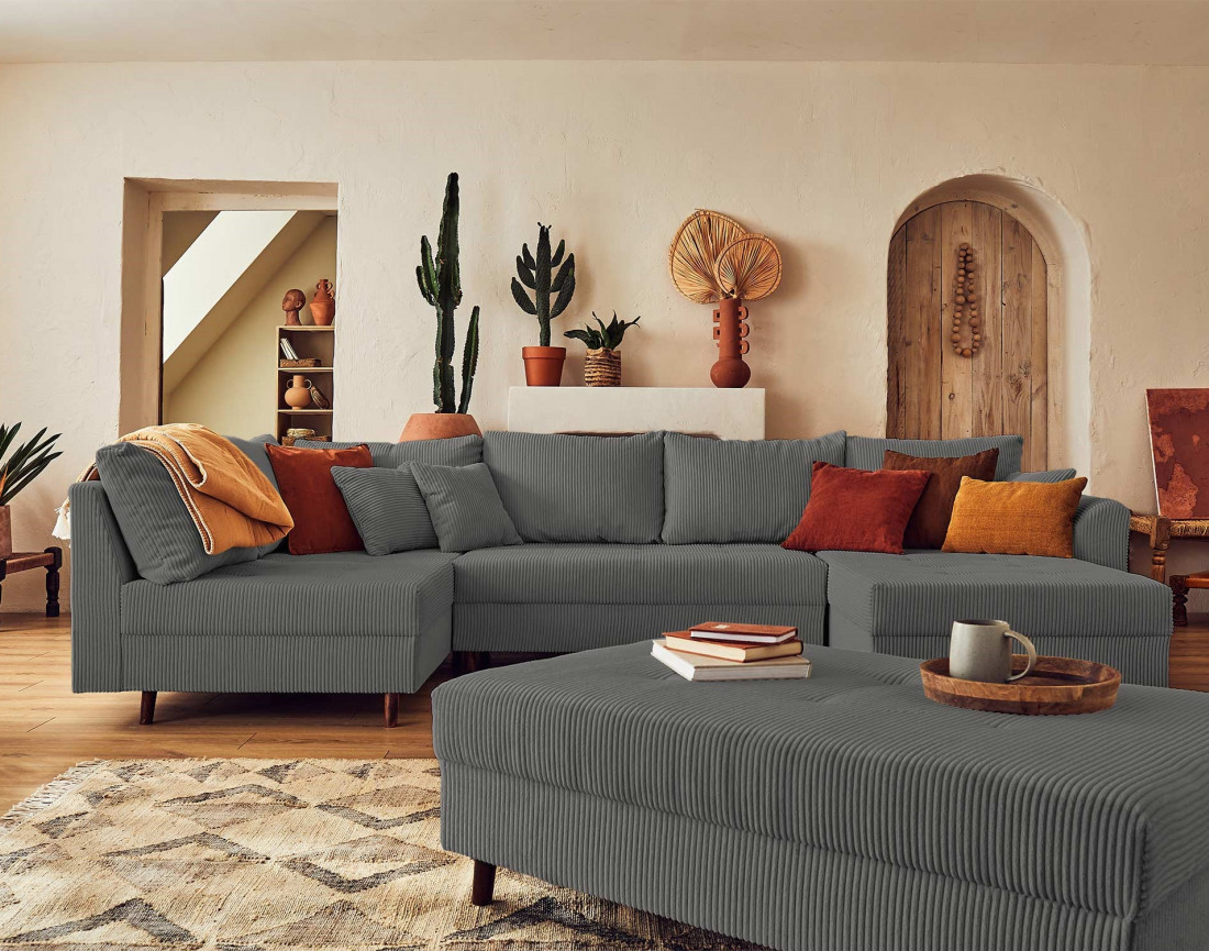 Canapé panoramique d'angle gauche 7 places avec pouf d'appoint - en velours côtelé - Rune