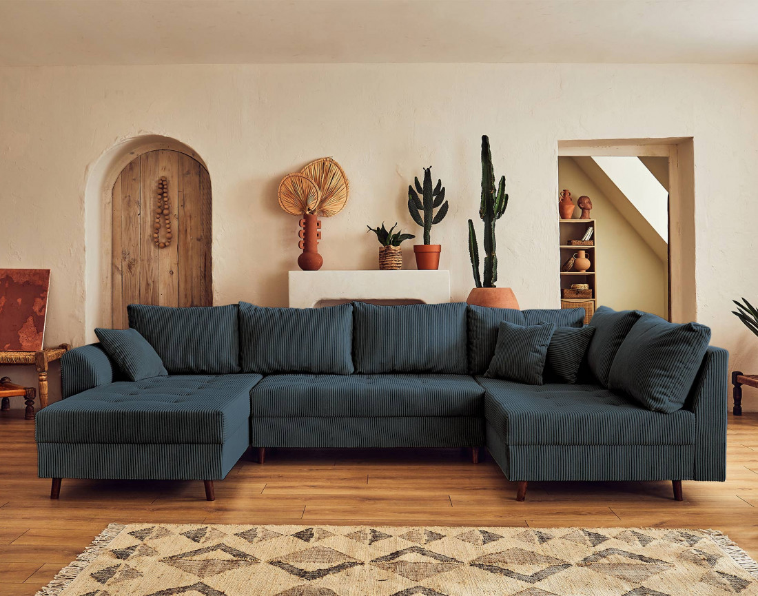 Canapé panoramique d'angle droit 7 places - en velours côtelé - Rune