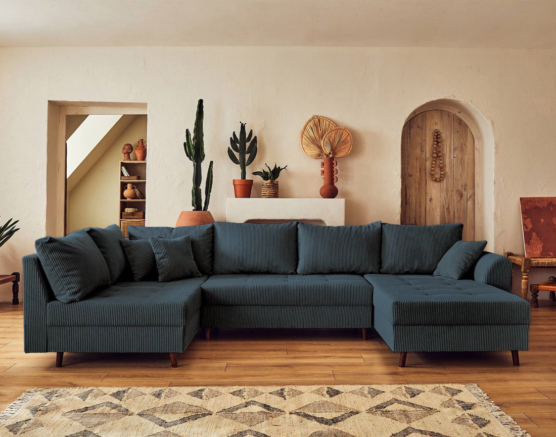 Canapé panoramique d'angle gauche 7 places - en velours côtelé - Rune