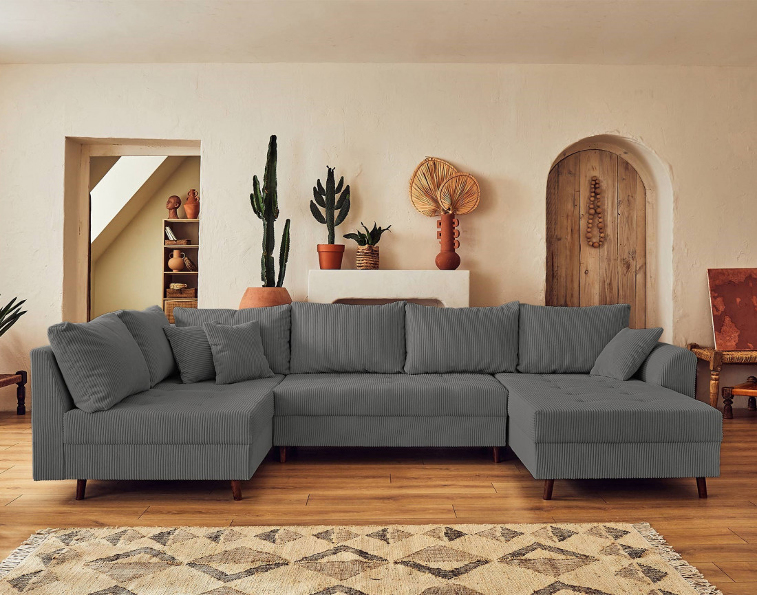 Canapé panoramique d'angle gauche 7 places - en velours côtelé - Rune