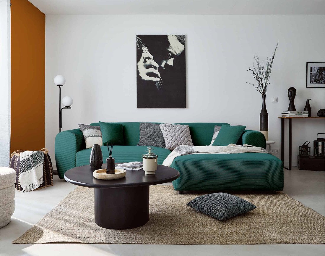 Canapé d'angle droit 4 places en velours côtelé Aumance