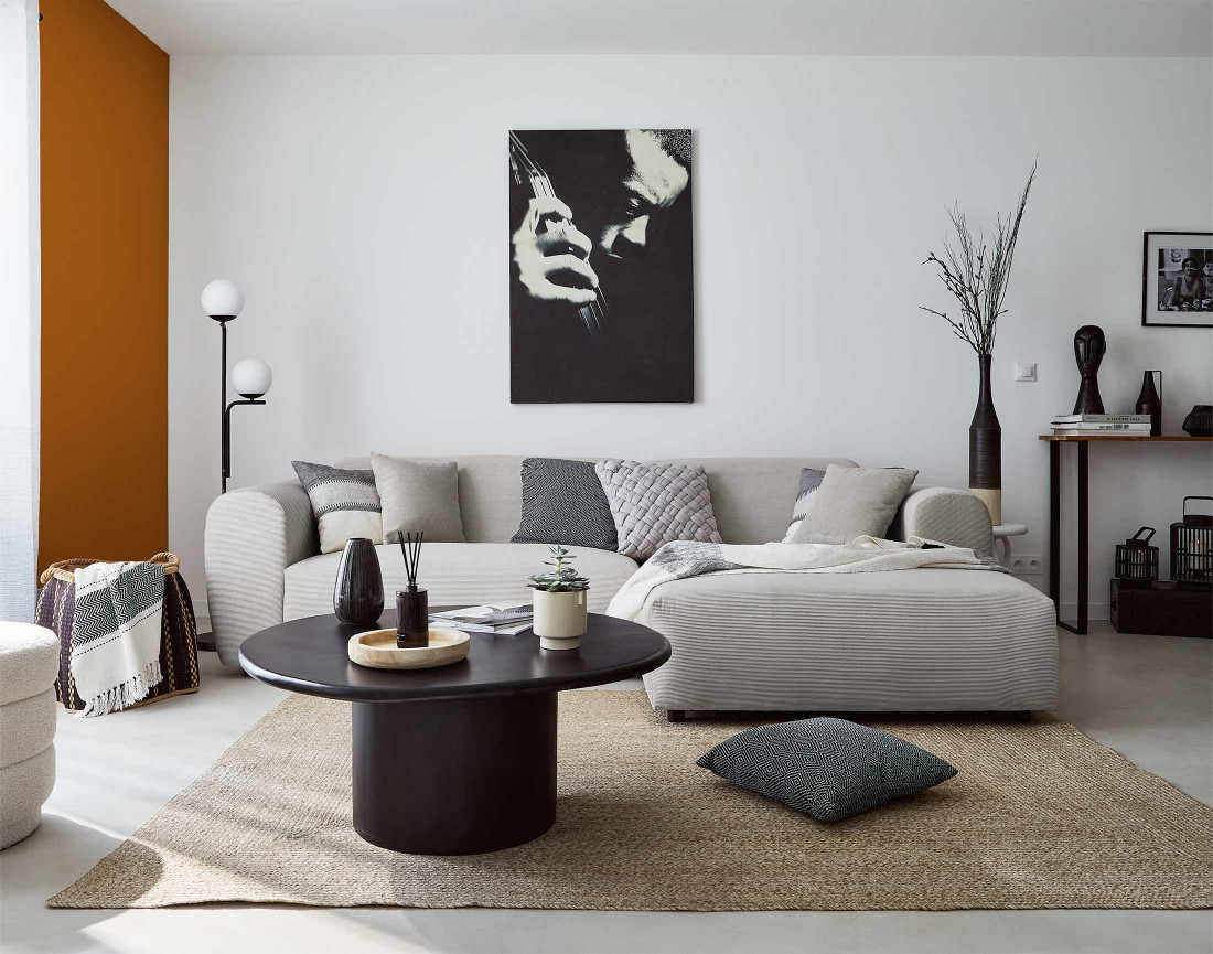 Canapé d'angle droit 4 places en velours côtelé Aumance