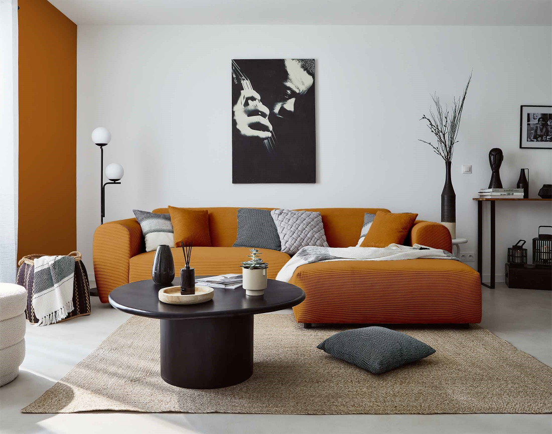 Canapé d'angle droit 4 places en velours côtelé Aumance