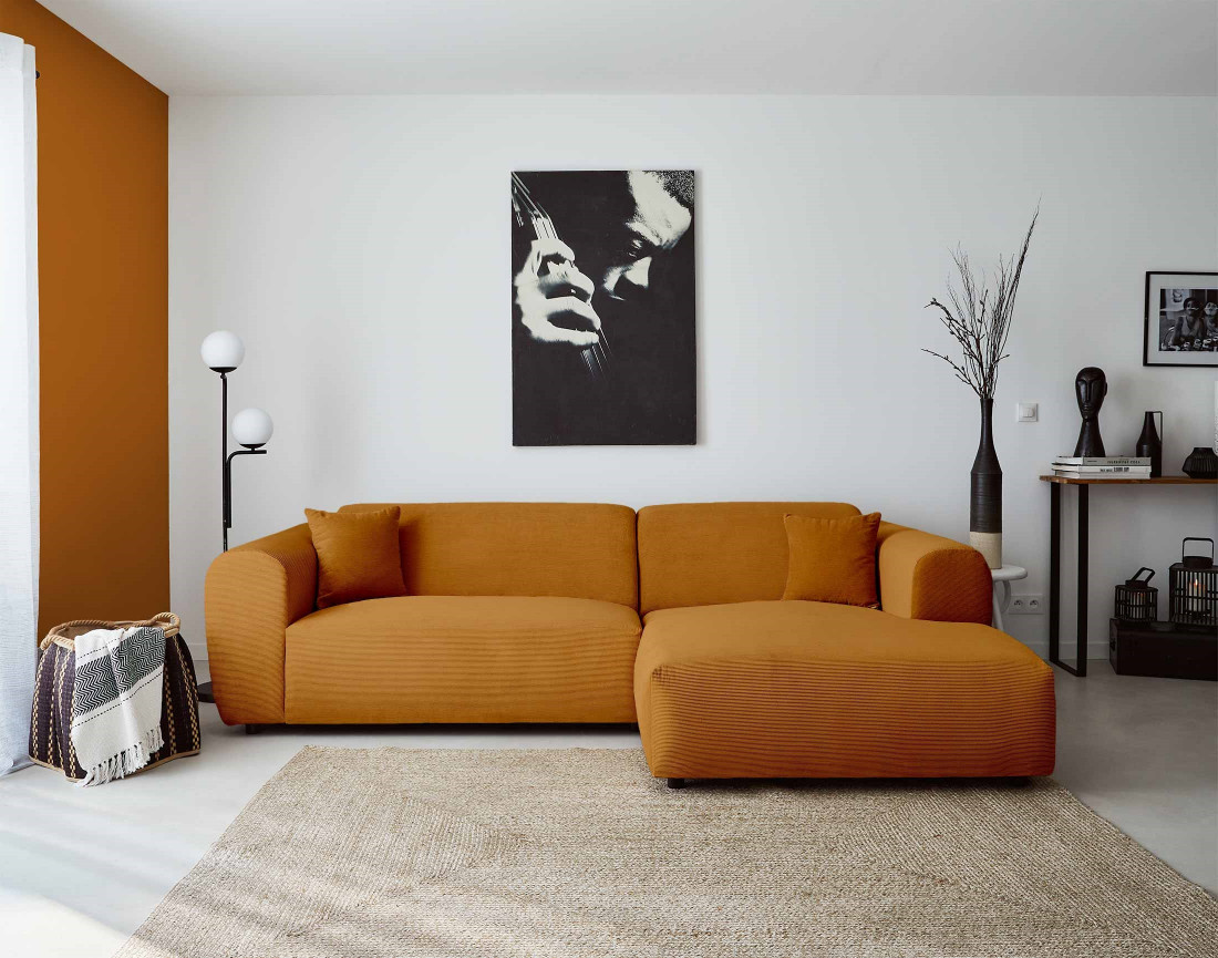 Canapé d'angle droit 4 places en velours côtelé Aumance