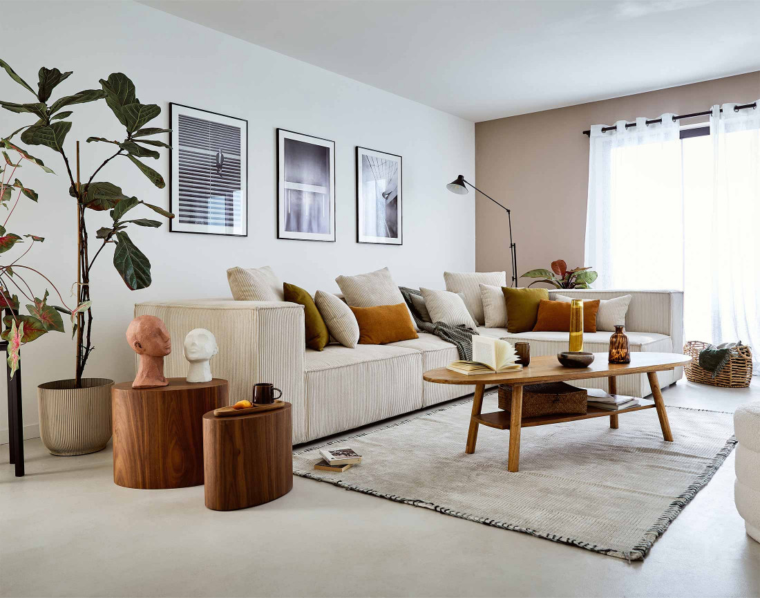 Canapé modulable d'angle droit 6 places en velours côtelé Colombine