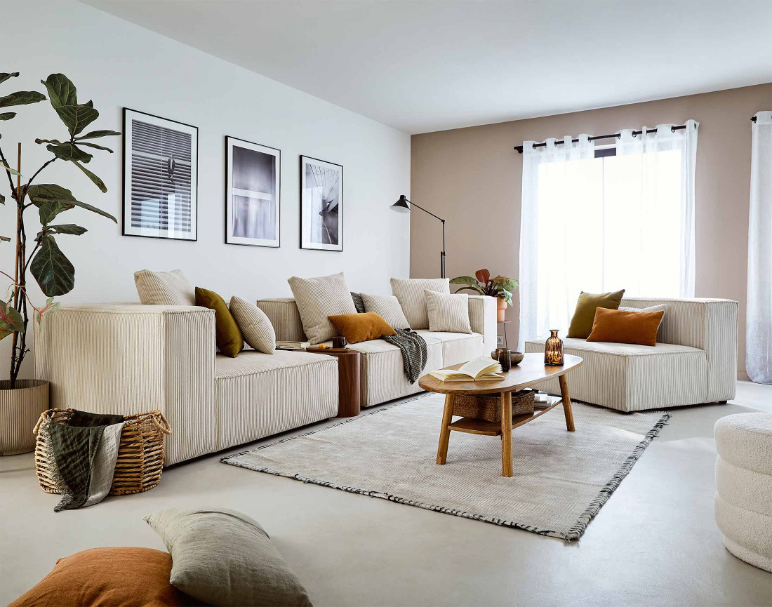 Canapé modulable d'angle droit 6 places en velours côtelé Colombine