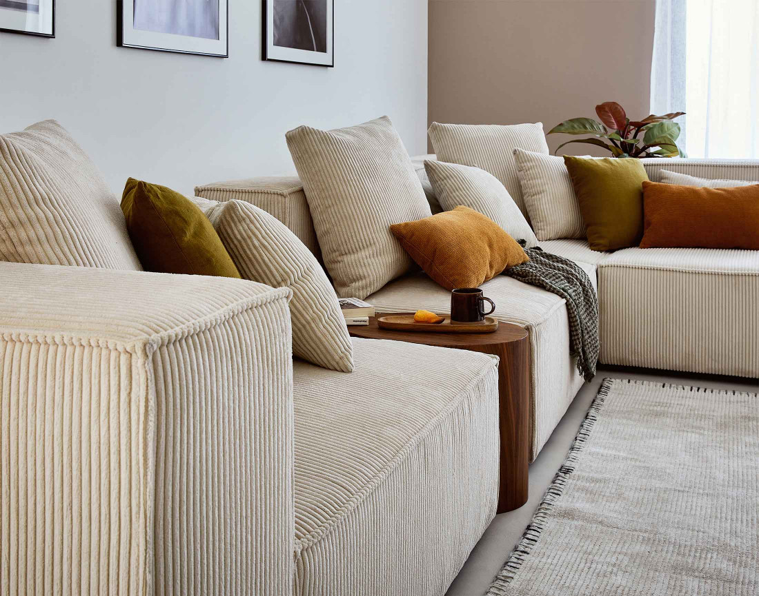 Canapé modulable d'angle droit 6 places en velours côtelé Colombine