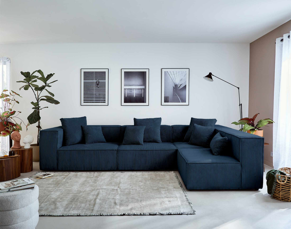 Canapé modulable d'angle droit 6 places en velours côtelé Colombine