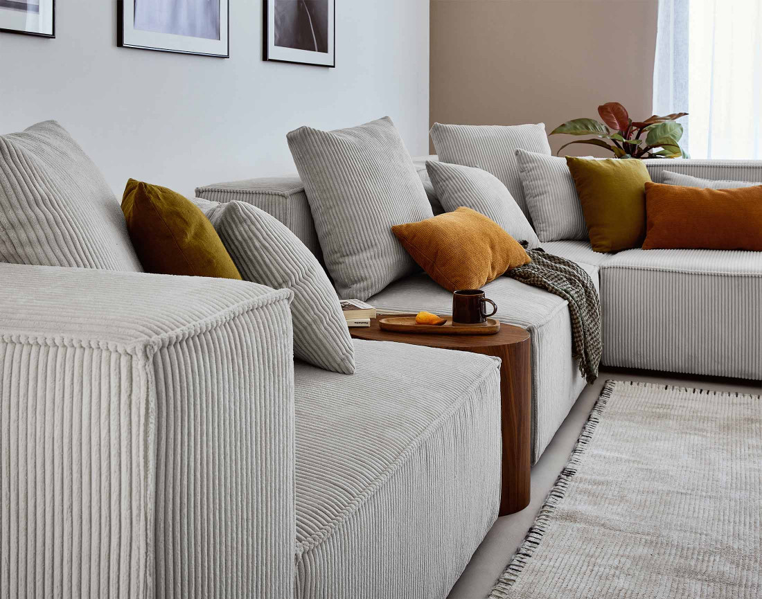 Canapé modulable d'angle droit 6 places en velours côtelé Colombine